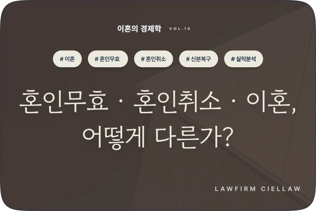 시엘로 법률사무소 박은석 변호사의 경제학칼럼 Vol. 10 대표 이미지. 이혼, 혼인무효, 혼인취소의 법적 차이점과 각 상황별 신분 복구 실익을 비교 분석함,