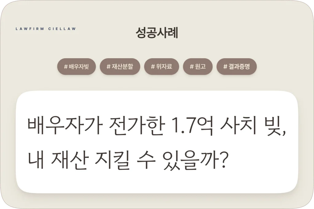 시엘로 법률사무소 박은석 변호사의 배우자 1.7억 사치 채무 전가 방어 및 재산분할·양육비·위자료 성공사례 대표 이미지
